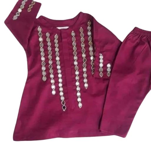 Girls' Cotton 2-Piece Suit | Mirror Work Kurta & Trouser