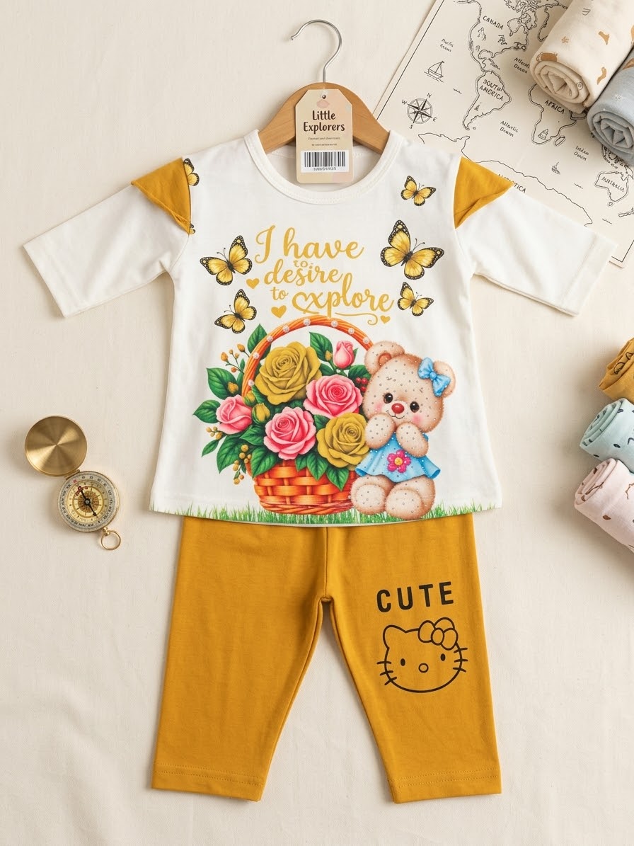 Baby girls china stuff winter collection doll & bear printed 2 piece trouser shirt flapper pent chinose