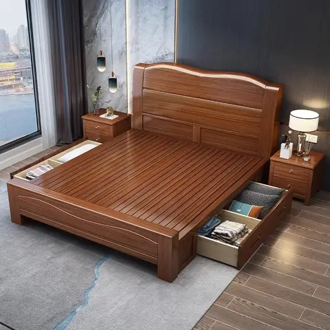 Elegant Chinese Solid Wood king Size Bed with 2 Side Tables & One Sided Under storage