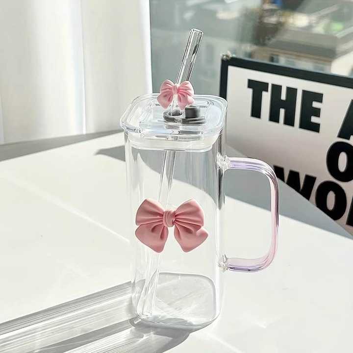 Square Glass Tumbler with Handle, Lid & Straw | Pink Bow Design | Aesthetic Drinking Cup | Juice, Coffee & Milk Glass Mug