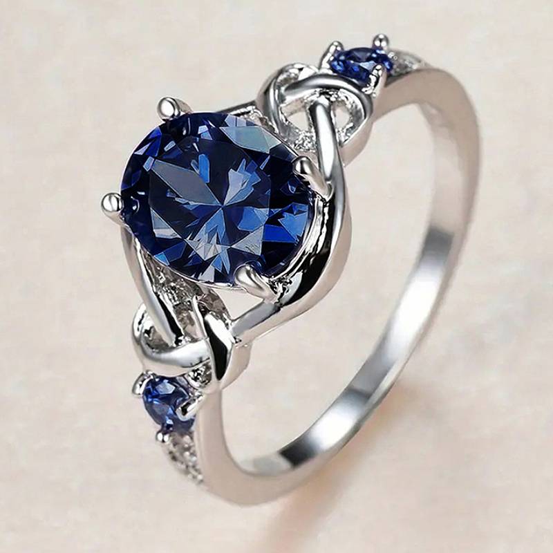 Huitan Simple Design Women Ring Inlaid Sparkling Oval Blue/Purple CZ Versatile Accessories for Wedding Trendy Party Chic Jewelry