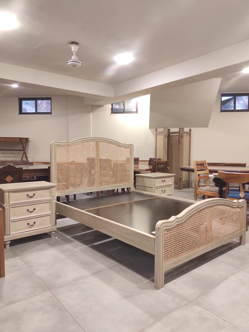Rattan Cane King Size Bed with 2 Side Tables ( Sheesham Solid Wood )