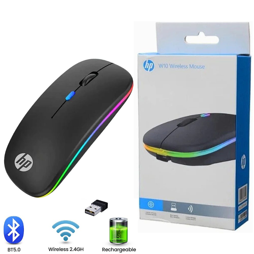 HP W10 Wireless Rechargeable Mouse With RGB Lights Adjustable DPI Silent Click With Ultra Thin