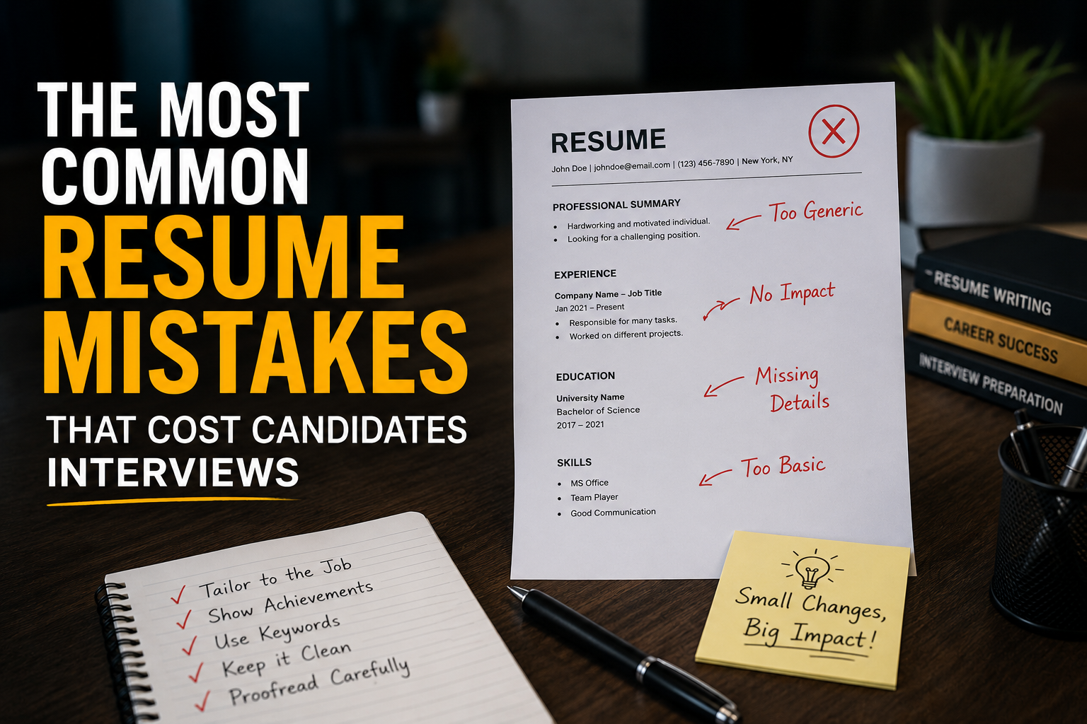 Resume mistakes key takeaways – tailor to the job, show achievements, use keywords, keep it clean, and proofread carefully. Visual summary for job seekers.