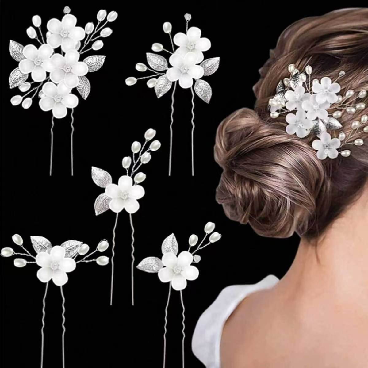 Acrylic Flower and Leaf U-Shaped Hairpin Hair Accessory Bridal Wedding Hair Accessory