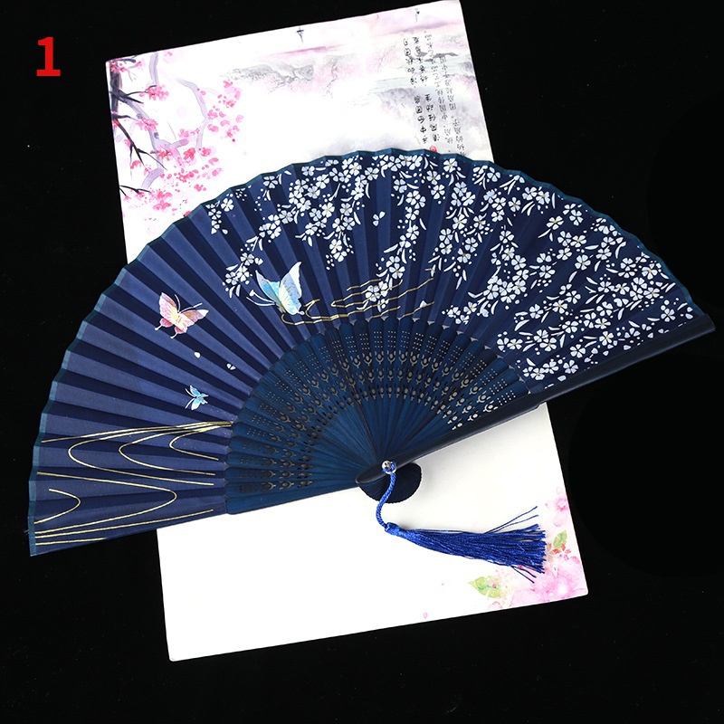 1Pc Vintage Silk Folding Fan Retro Chinese Japanese Bamboo Folding Fan Tassel Dance Hand Fan Home Decoration Ornament Craft 