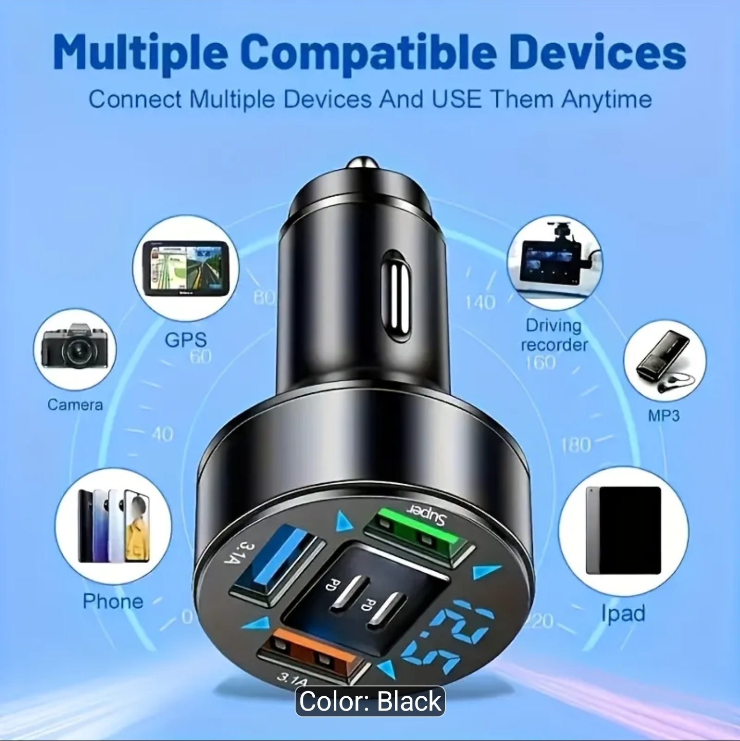 2026 Upgraded Fast-Charge Digital Display Car Charger | Features 2 PD and 3 USB-C Ports, Portable, Designed for Drivers and Passengers, Wireless Charging Adapter, Travel-Friendly