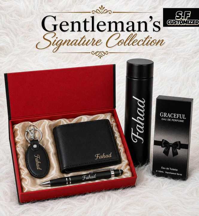 5 Piece Personalized Gift Set for Men | Premium Gift Box for Him | Customized Bottle Wallet Keychain Pen & Perfume