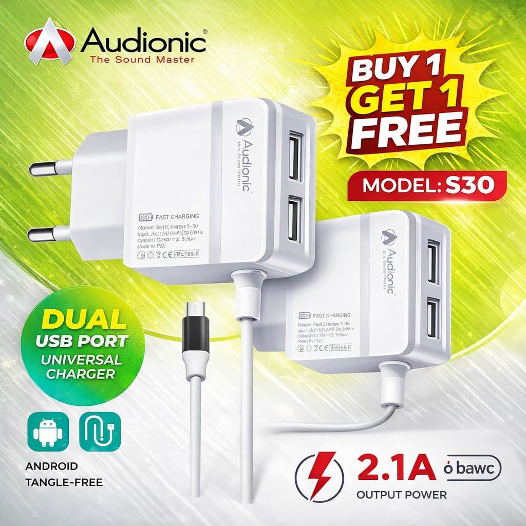 Audionic SWIFT S30 Dual USB Port Mobile Charger - 2.1A Max - With Attached 1M Round Wire Micro Cable
