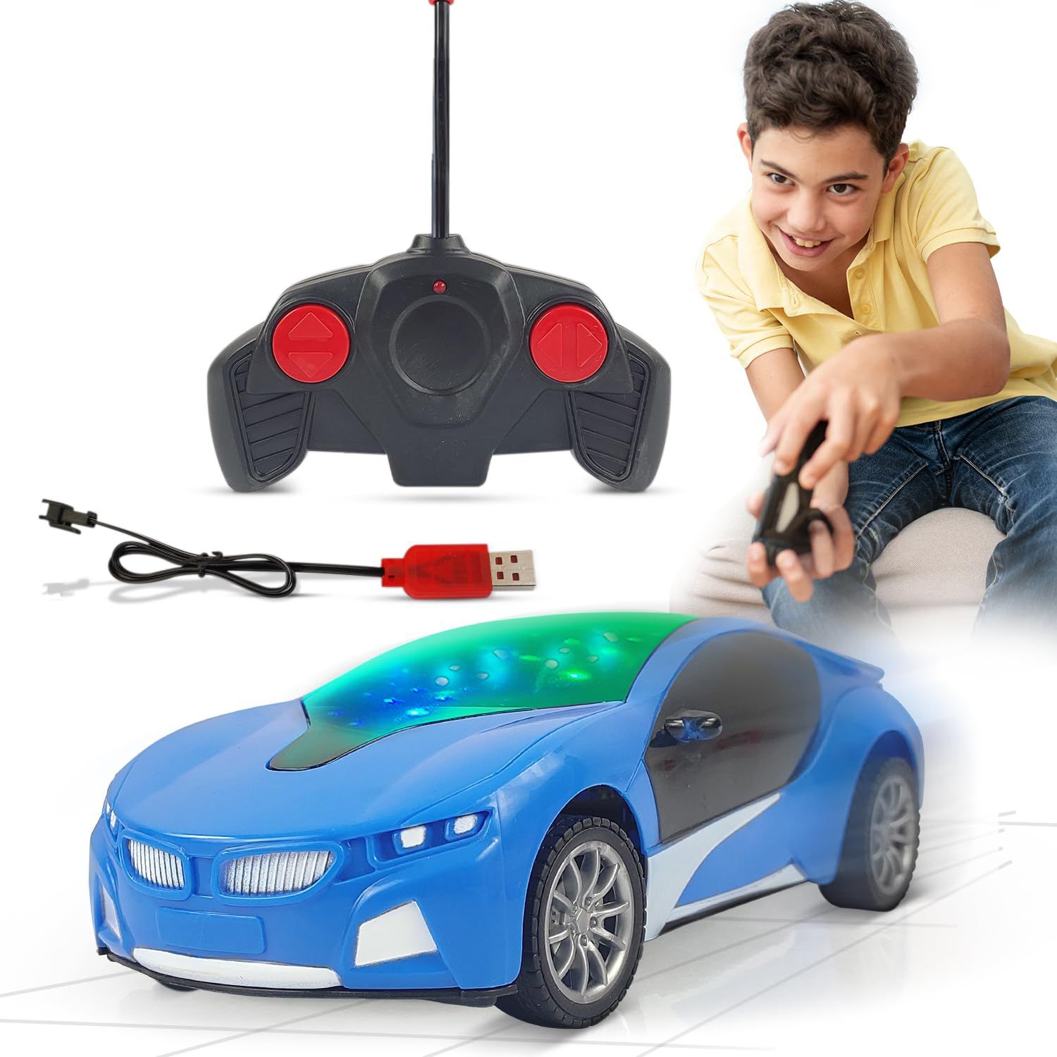 Remote Control Car Chargeable 3D Remote Control Lighting Famous Car Remote Car for Kids 4 Function Racing Car (3+ Years, White)