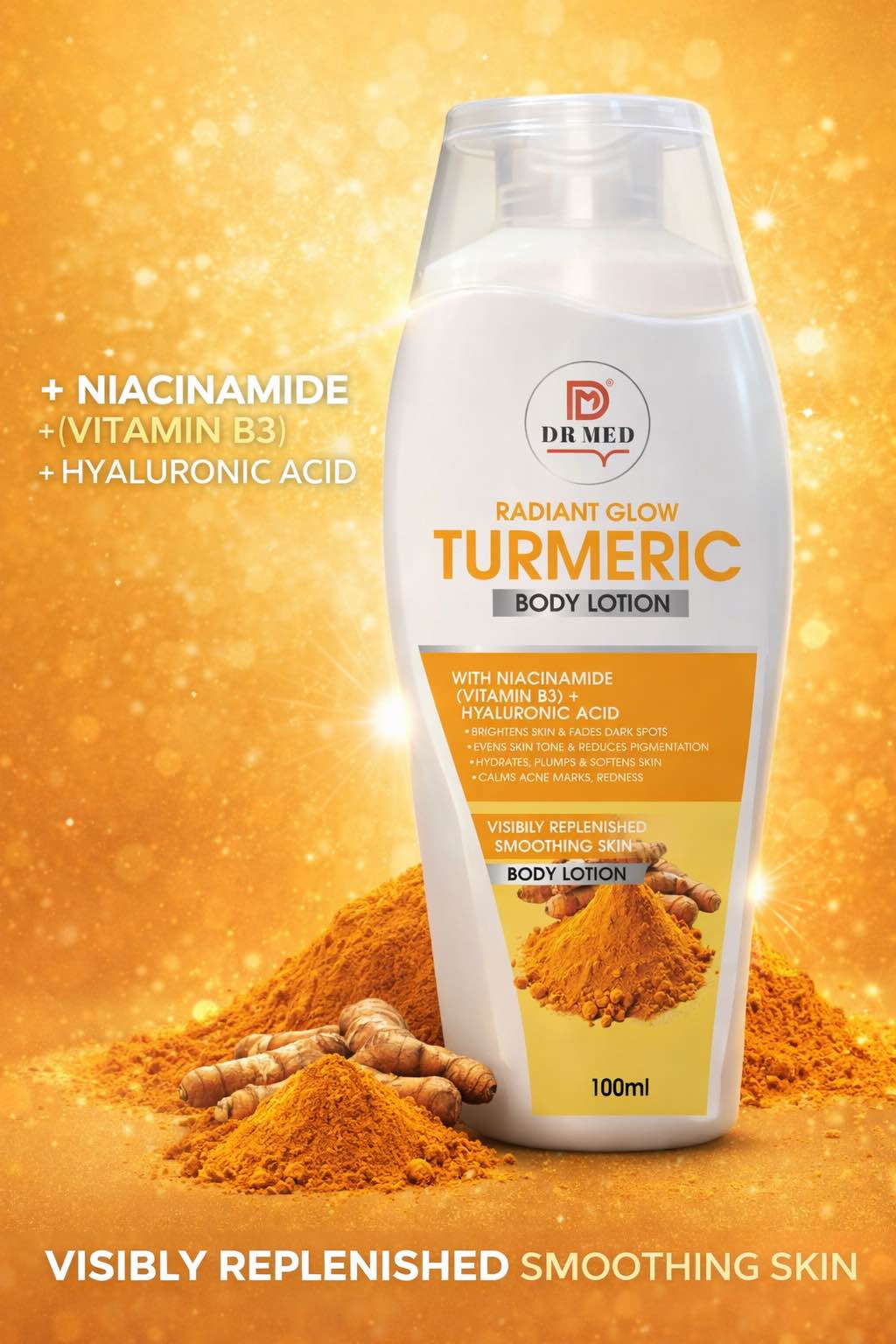 Turmeric Body Lotion with Niacinamide (Vitamin B3) + Hyaluronic Acid – Skin Brightening, Deep Hydration & Dark Spot Removal – 100ml