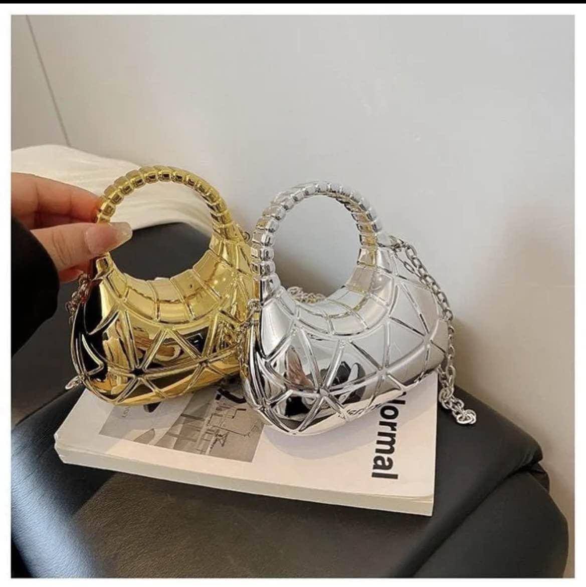 Mini Acrylic Moon Style Clutch With Long Chain for Women & Girls