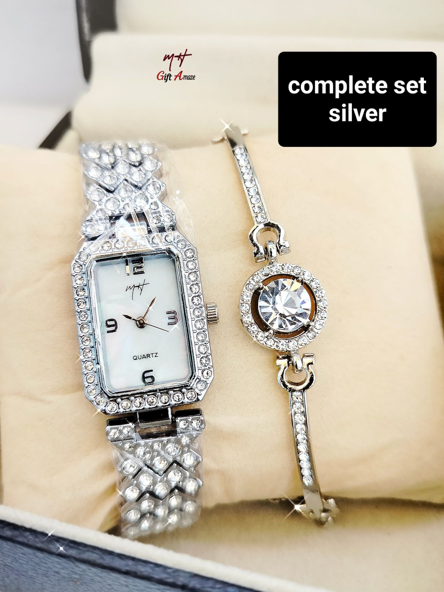 2pcs Women's Luxury Diamond Watch Bracelet Set Elegant Rose Gold Fashion Ladies Stainless Steel Strap Quartz Wristwatch Casual Waterproof Watches for Girls