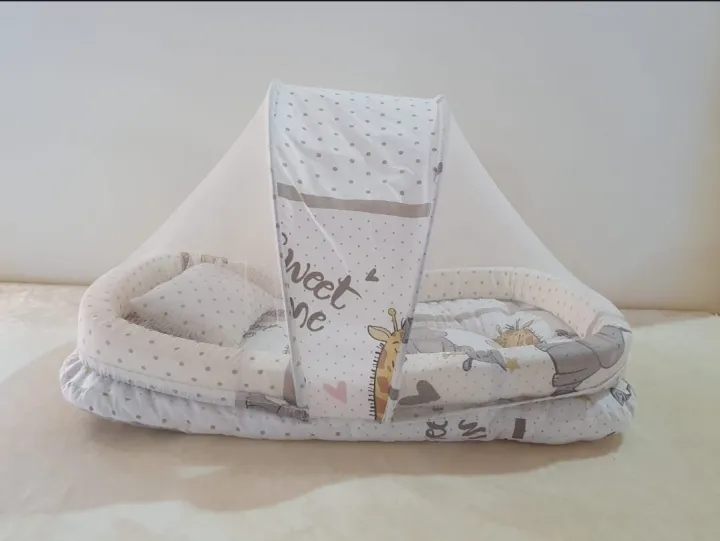 Bed with Mosquito net and 1 pillow, Comfortable New born Baby Bistar multicolor [ SIZE CAN BE USED FOR 0 TO 6 MONTHS)