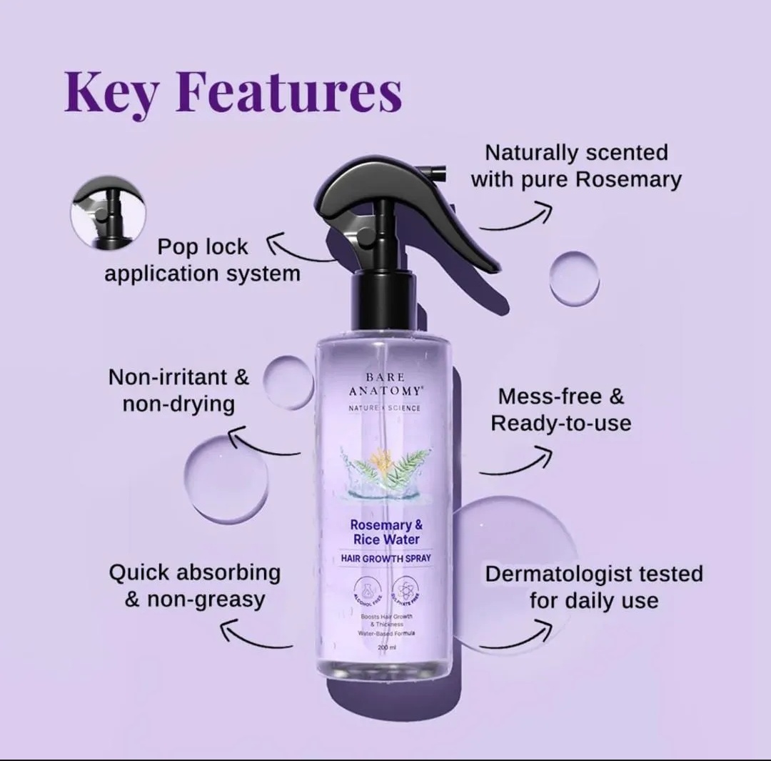 Rosemary Water Spray for Hair Growth & Hair Fall Control - 200ml | Rice Water Hair Serum for Stronger Hair | Natural Hair Tonic for Men & Women