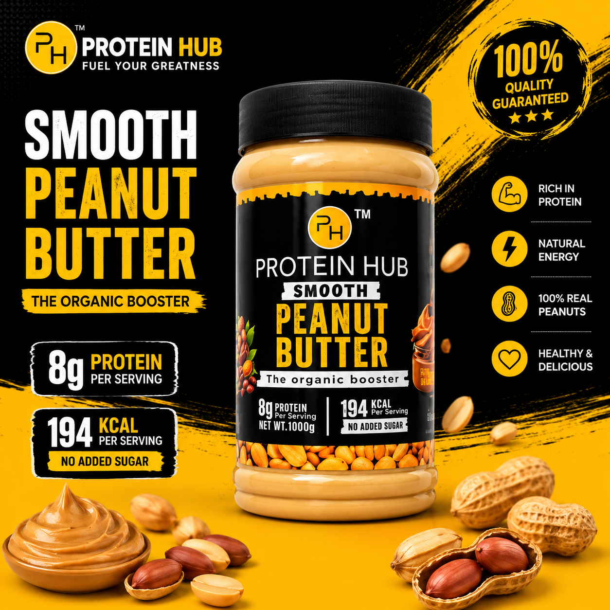 Protein Hub Smooth Natural Peanut Butter – Keto-Friendly | 1 kg