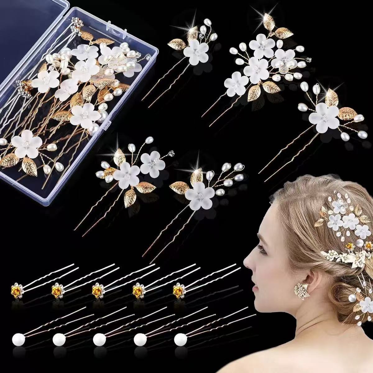 Acrylic Flower and Leaf U-Shaped Hairpin Hair Accessory Bridal Wedding Hair Accessory