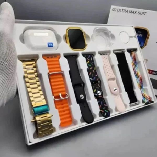 i20 Ultra Max Smart Watch 2.3" HD Display 10-in-1 Suit with Earphones & 7 Straps