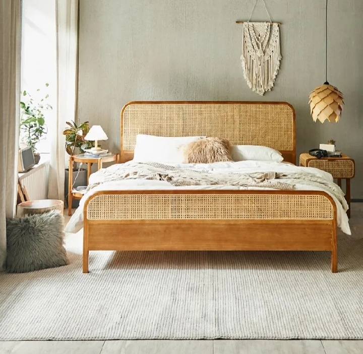 Bedroom Set Luxury King Size Bed With 2 Side Tables Supper Rattan