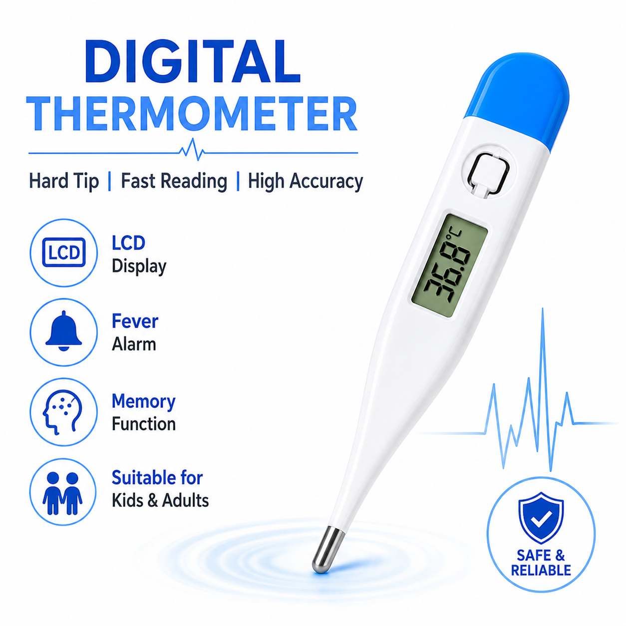 Digital Thermometer |  Fast Reading | Fever Alarm | LCD Display | Celsius & Fahrenheit | Combo Pack