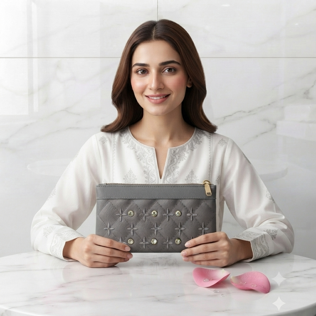 Ladies Stylish Double Flap Hand Clutch With Strap / Ladies Emboroidred Hand Clutch 3 pockets / Ladies Fancy Hand Stone Clutch with strap / Ladies Big Hand Clutch Front EMB & Stones