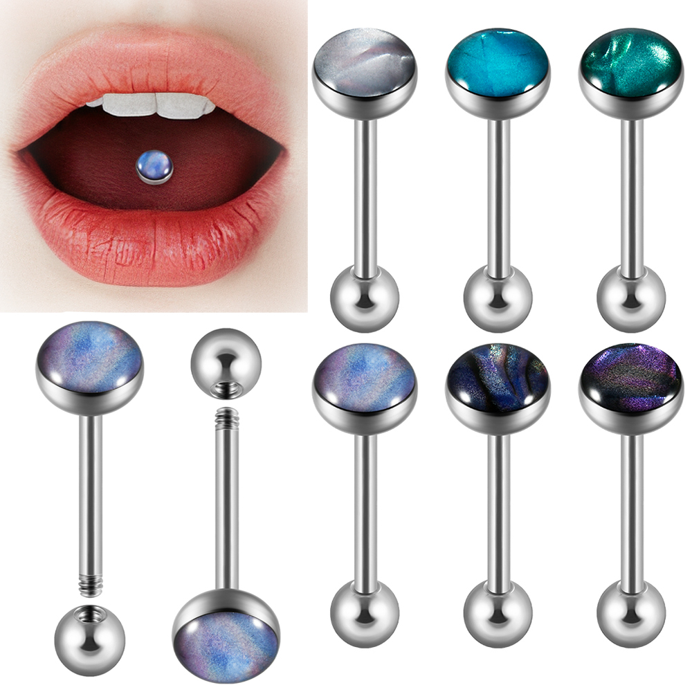 6pcs Color Mixing Stainless Steel Fine shimmer Shell Tongue Barbell Rings Multicolor Tongue Studs Barbell Piercing Body Jewelry