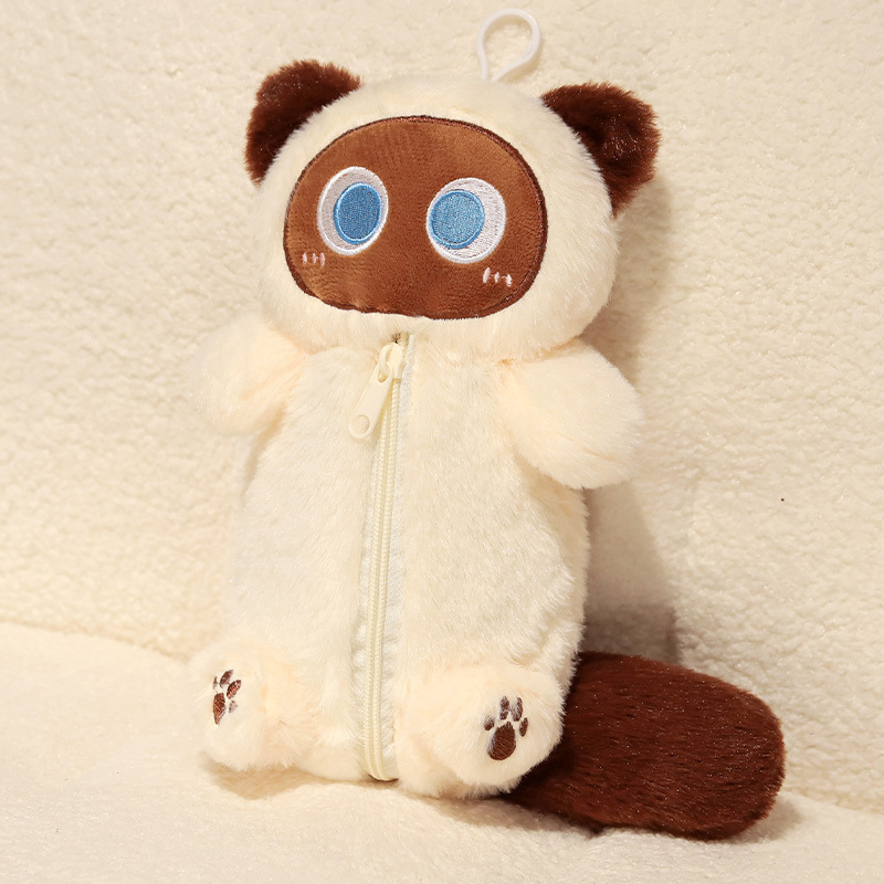 Siamese Cat Plush Pencil Case Stuffed Animal Large Capacity Stationery Bag Cute Design Cartoon Doll Cat Pencil Bag Learning