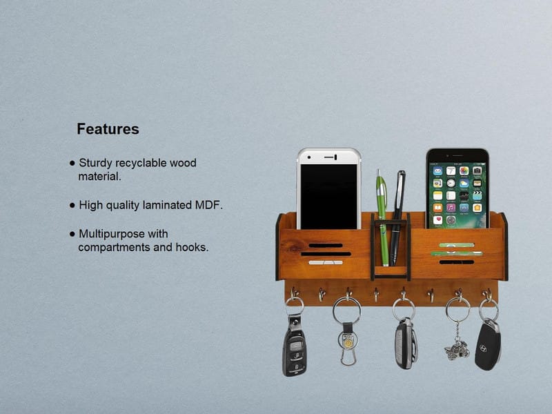 Multi-Function Wooden Key Rack Wall Organizer with Mobile Charging Stand
