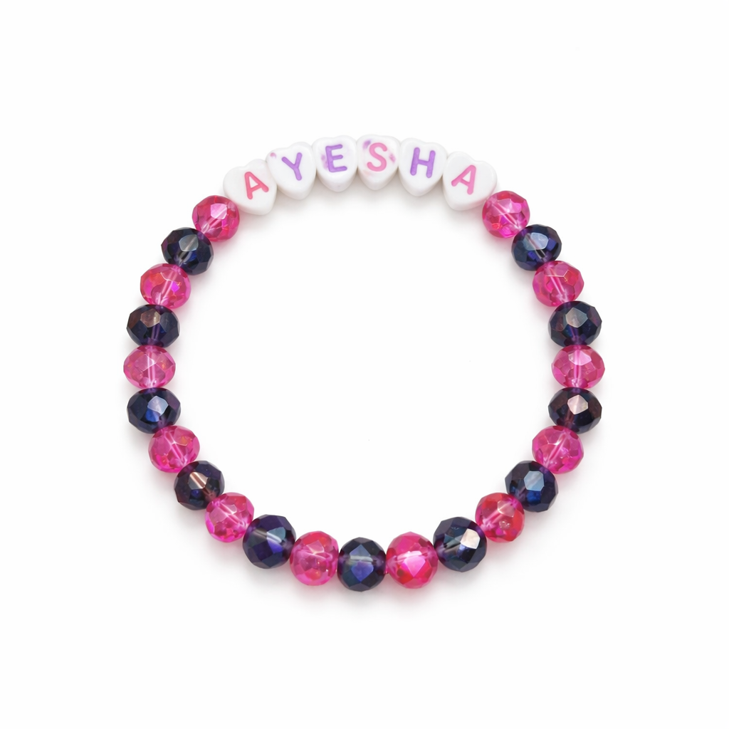 AYESHA Name Bracelet for Girls – Personalized Heart Letter Beads Elastic Bracelet – Pink & Purple Crystal Beaded Jewelry Gift