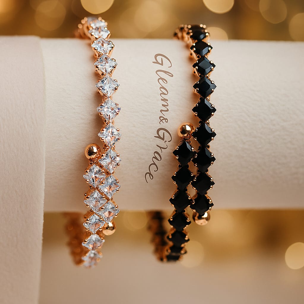 Elegant Crystal & Black Diamond Charm Bangles –by Gleam & Grace