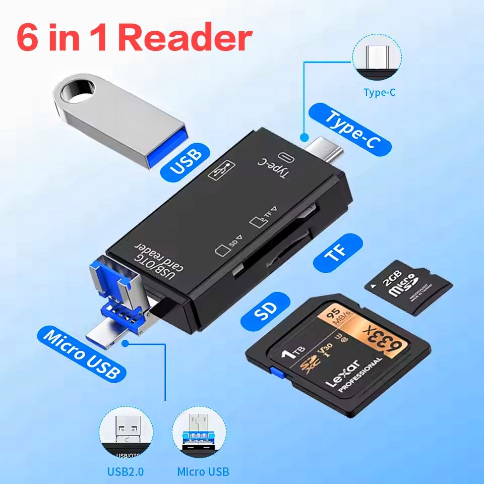 6 in 1 OTG SD Card Reader USB C/Micro/USB Memory Card Reader Camera Viewer, USB 3.0 SD Card Reader Adapter Used for SD-3C SD Micro SD TF SDXC SDHC MMC RS-MMC Micro SDXC Micro SDHC UHS-I