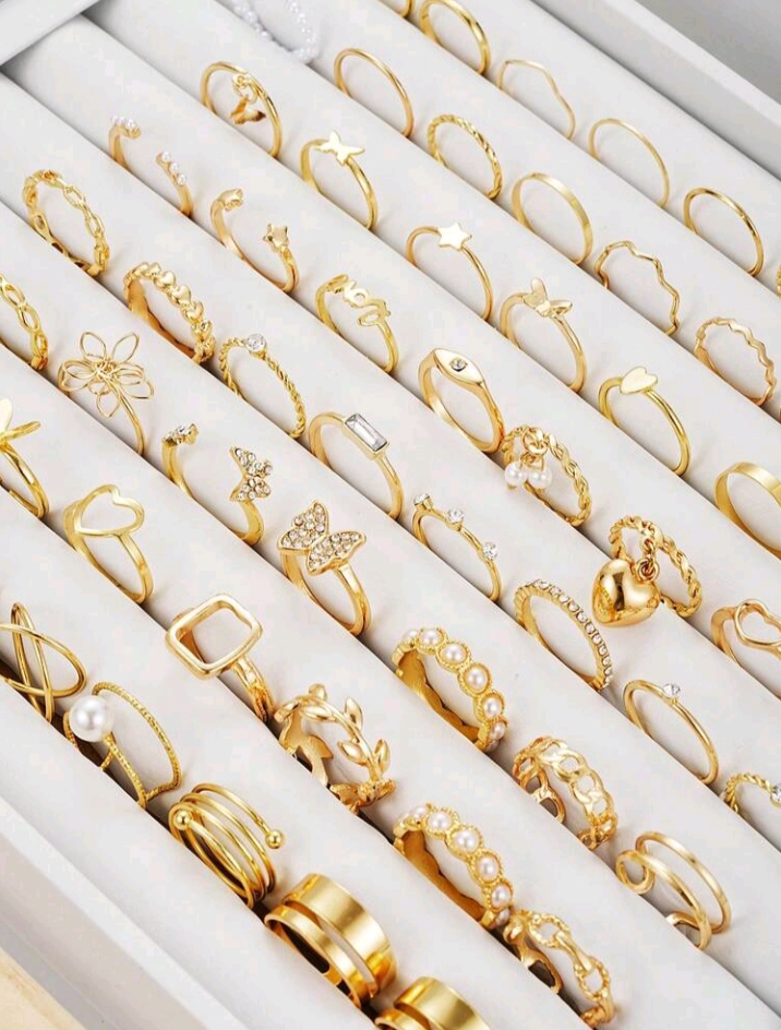 5 Pcs Simple Metal Geometric Faux Pearl Heart Stackable Ring Set, Casual Party Accessory