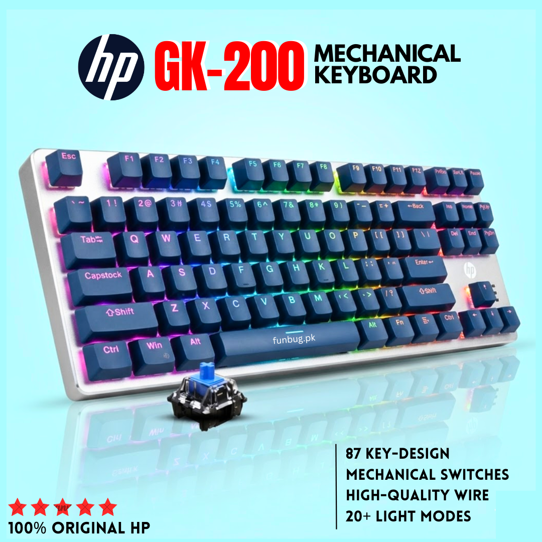 【Original HP】 87 Keys Mechanical Switch Gaming Keyboard - Compact Mini Wired Gaming Keyboard with RGB Backlight ~ 20 Lighting Modes, Anti-Ghosting, USB Key Board for PC Gaming, Typing, Mobile Pubg, Laptop, Free Fire ~ By FunBug