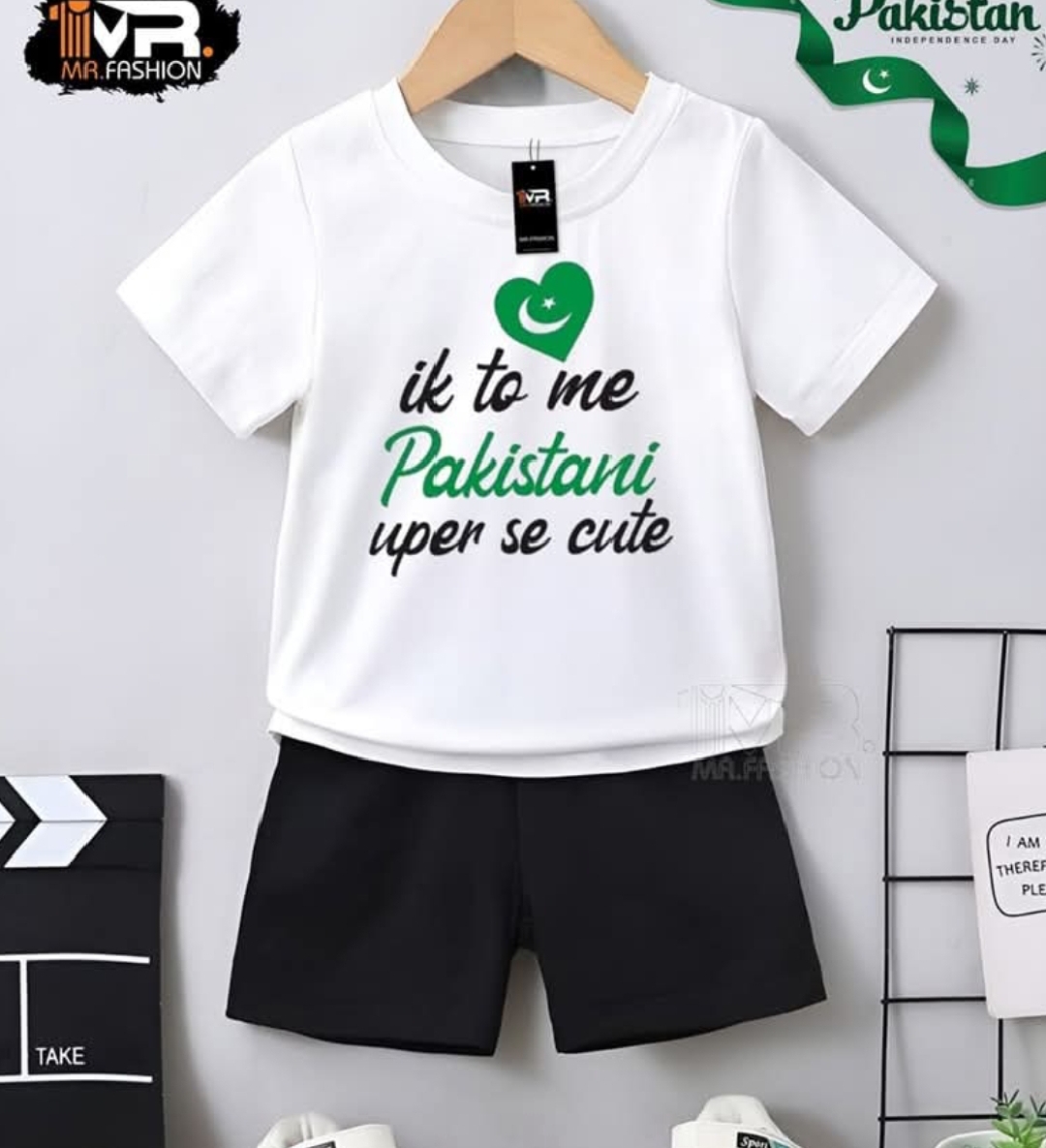 14 August Independence Day Azadi Mubarak Pakistan T-shirt And Short Pant Niker For Kids Baby Girls And Baby Boys Summer Collection Round Neck Short Sleeves Tee Top's Clothes Set Dresses Outfit Suit For Unisex Jannat Store