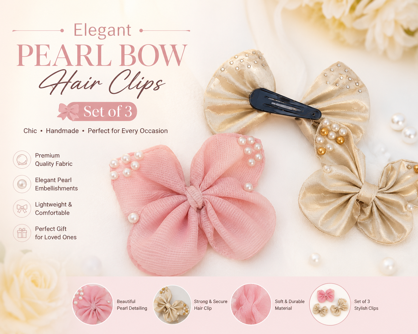 🎀 Elegant Pearl Bow Hair Clips for Girls& Women | Premium Fabric Hair Bows with Pearl Embellishments | Cute Hair Barrettes