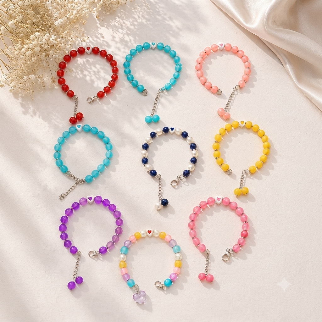 “Memory Wire Korean Bead Bracelet with Mini Heart Charm – Cute Handmade Fashion Jewelry Gift for Girls & Women”