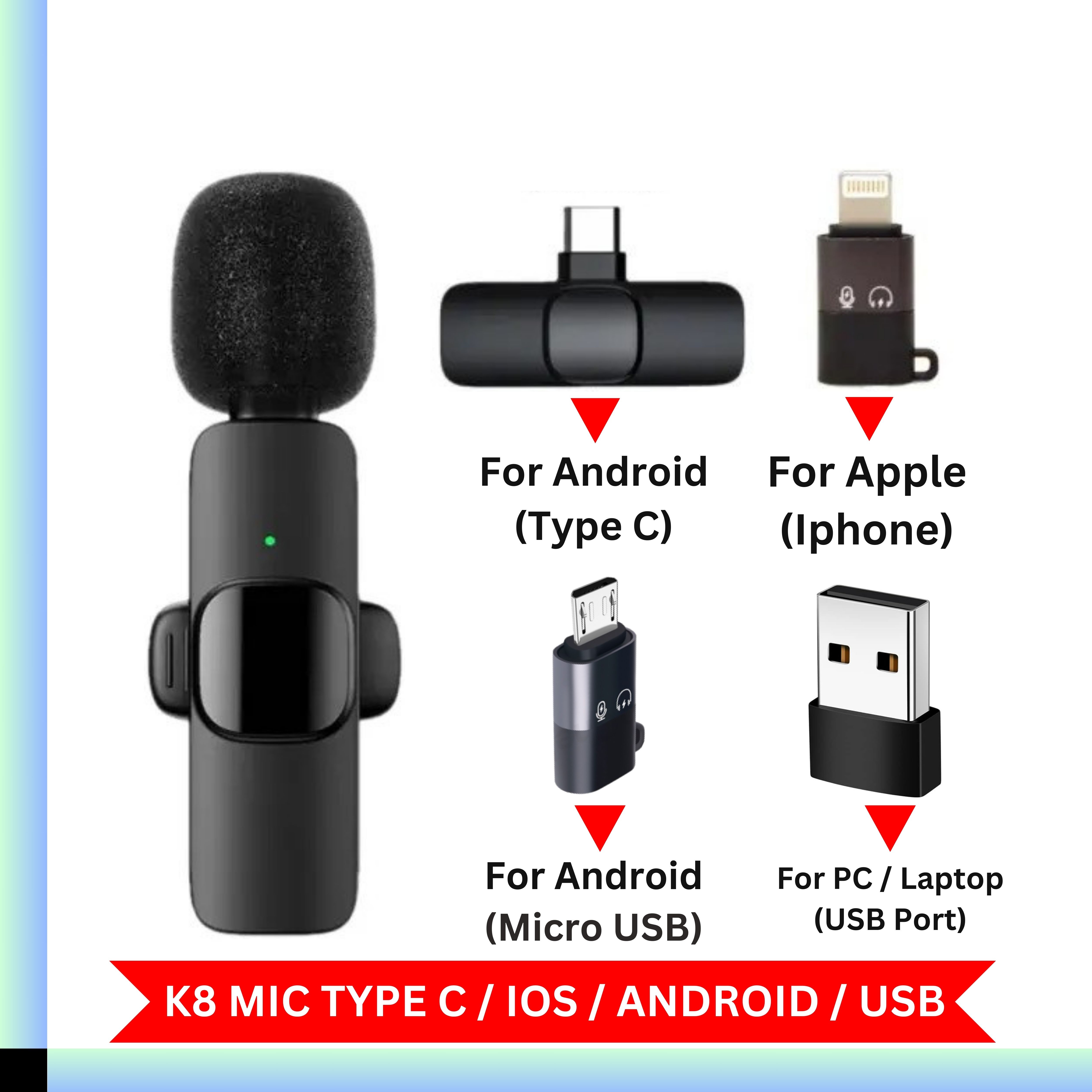 Wireless MIC Type C/IOS/Android Mic K8 Wireless Single Microphone For Interview, Vlogging , Podcast