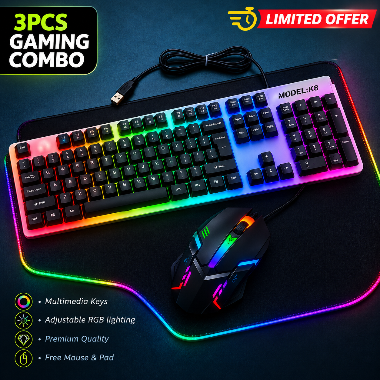 RGB Gaming Keyboard Mouse Combo with Large RGB Mouse Pad | 3PCS Gaming Set | USB Wired Mechanical Feel Keyboard | LED Gaming Mouse | PC Laptop Compatible