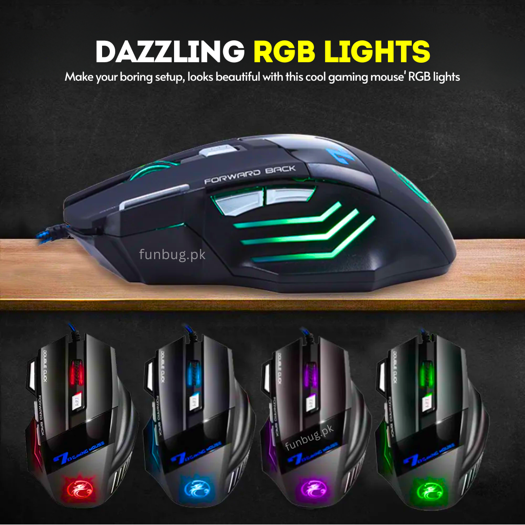 FunBug 7 Buttons Sports Mechanical Wired Gaming Mouse RGB with 4-Levels DPI Control - 7 Light Wired USB Optical Mouse with Side Buttons - Mouse with Pad for PC, Laptop, Computer, Gaming, Pubg Mobile