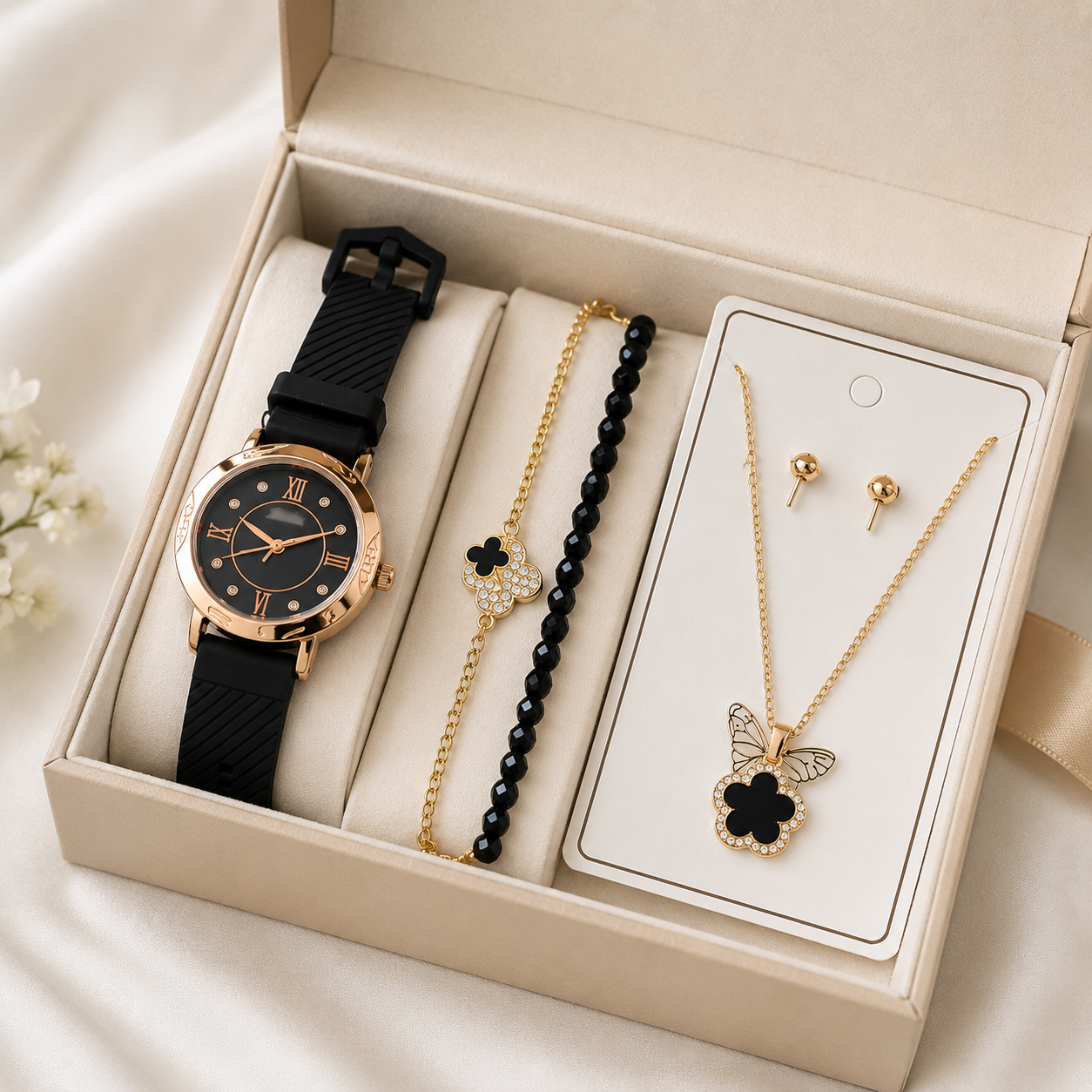 Women's Luxury Gift Combo Set – Black Silicone Strap Watch, Bracelet, Necklace & Earrings Set for Girls and Women | Elegant Fashion Jewelry Gift without Box