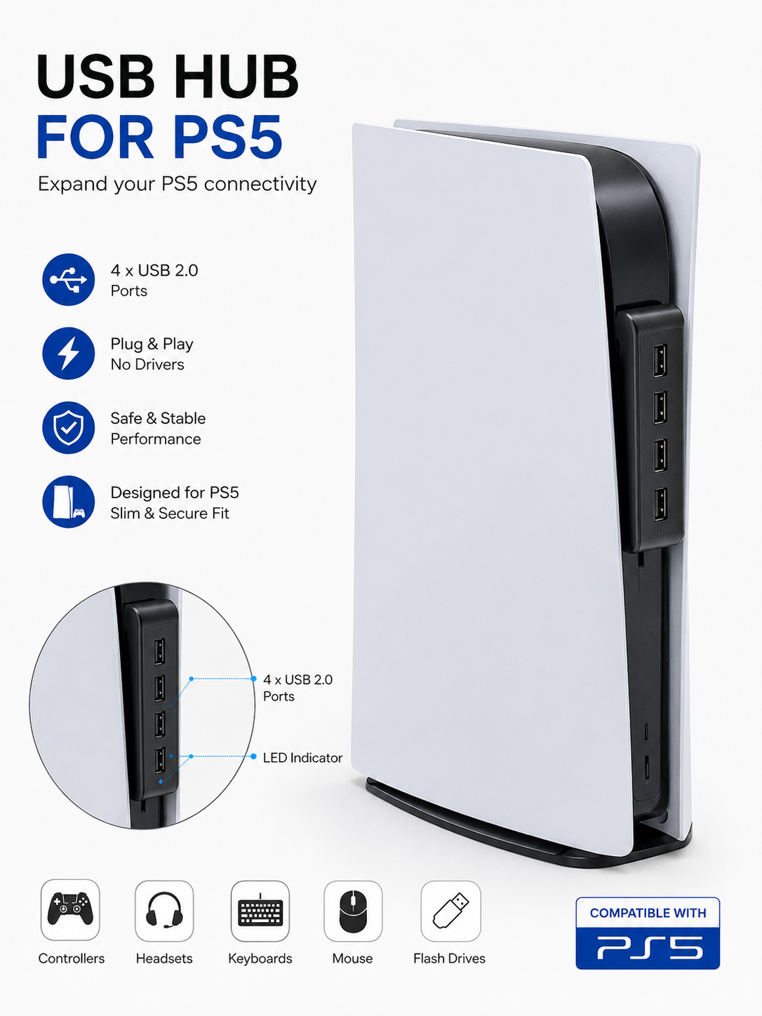 PS5 - USB Hub USB High-Speed Expansion Hub Charger USB Extender Compatible with PS5 Playstation 5 Game Console