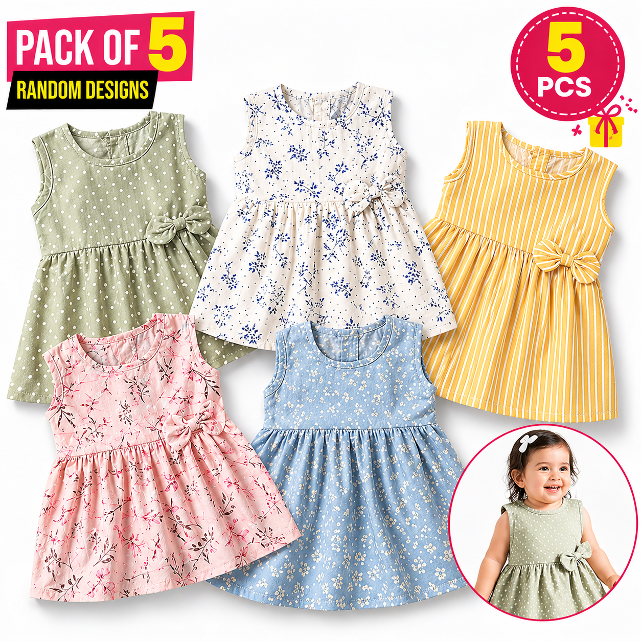Pack of 5 Baby Girl Frock Random Design Cotton Baby Dress for Girls Newborn Infant Toddler 0-4 Years Cute Stylish Baby Girl Clothes Soft Comfortable Kids Frock Set Latest Baby Girl Frock Dress Summer Casual Party Wear Baby Girl Clothing Bundle Value Pack