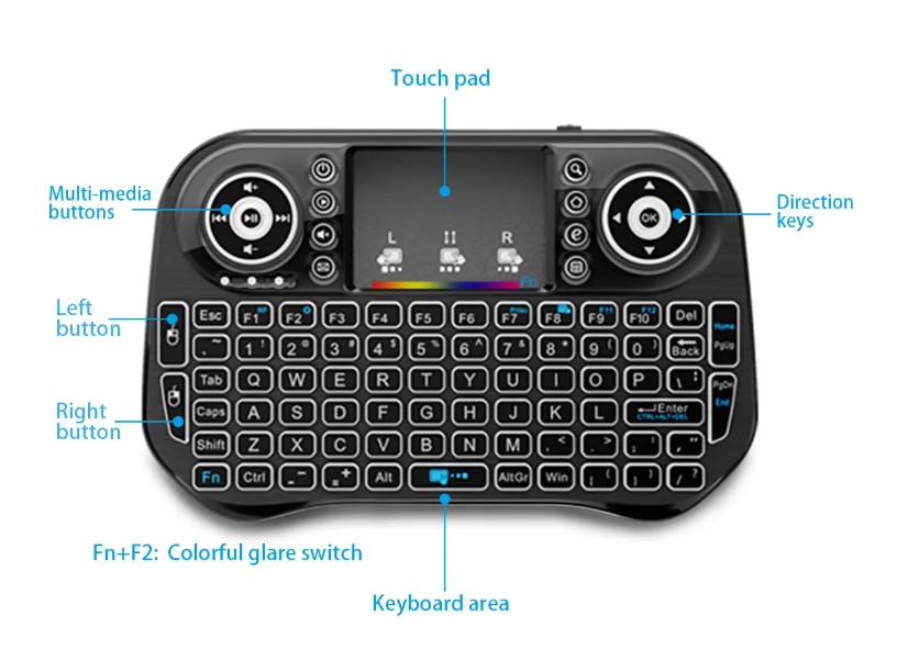i10 MINI WIRELESS KEYBOARD + BLUETOOTH TOUCHPAD 7 COLOR BACKLIT LIGHT 2.4GHZ FULL CONTROL FOR LCD / LED / TV / PC / MOBILE / LAPTOP
