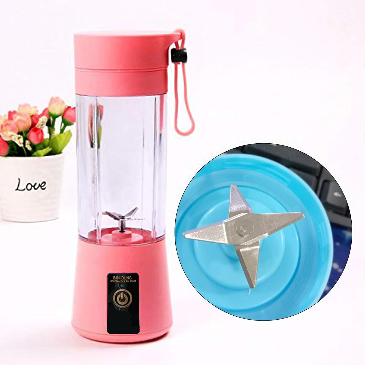 Portable 6-Blade Juicer Blender With Built-in Jar, Mixer Bottle, USB Rechargeable Personal Size Grinder for Juices, Protein & Milk Shakes - 380ml (Multi Colour) (No Color Choice)