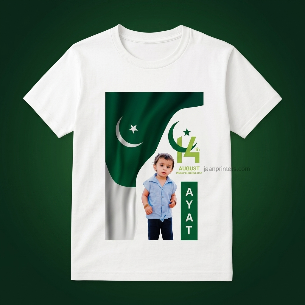 Custom 14 August Pakistan Independence Day Kids T-Shirt | Personalized Photo & Name Print Customised Jashn e Azadi Celebration Shirts | Premium White Tee for Boys & Girls | Special Azadi Printed TShirt with pic and name  Fast Delivery All Pakistan