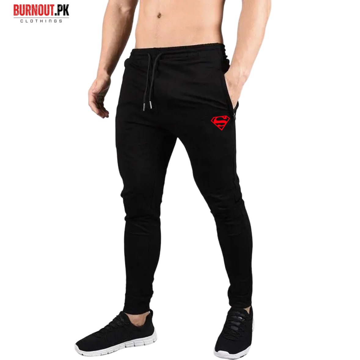 BURNOUT.PK NEW TRENDY SUMMER COLLECTION SUPERMAN LOGO PRINTED BLACK TROUSER FOR MENS