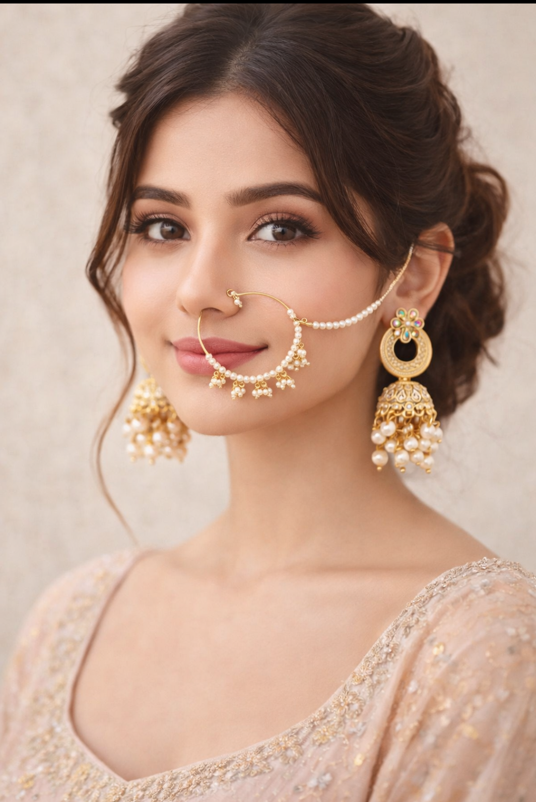 Bridal Pearl Nath Nose Ring with Chain & Jhumka Earrings | Gold Plated Traditional Bridal Jewelry Set for Women & Girls | Velvet Box Packing Included