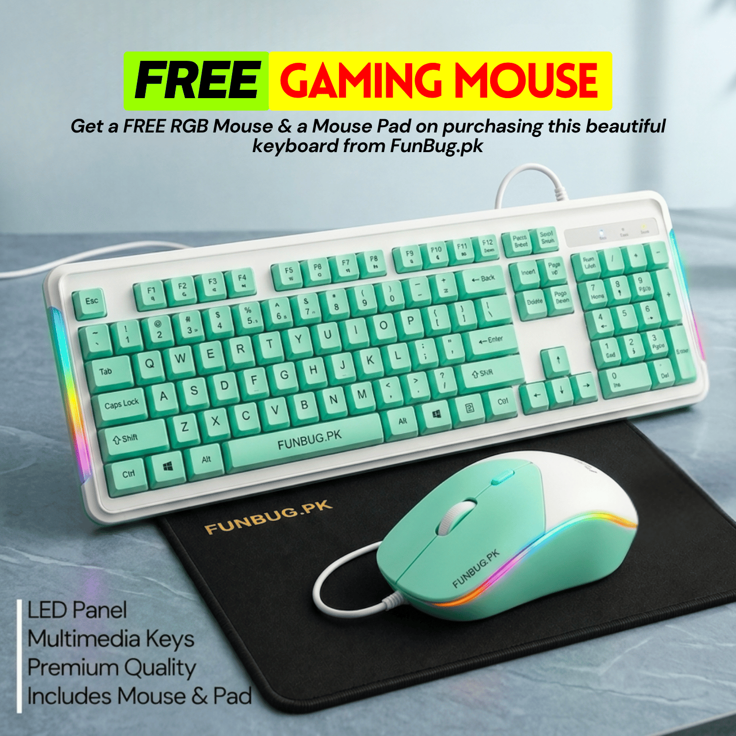High-Quality Gaming Keyboard and Mouse Combo with RGB Side LED Panel - Mechanical Feeling Wired Keyboard & 2400 DPI Mouse with FREE Mouse Pad for Pubg Mobile, Laptop, PC Computer - 3 in 1 Gaming Bundle - Black, White, Green
