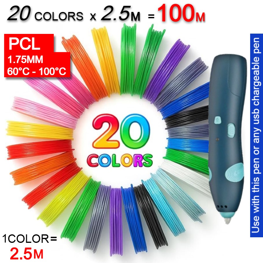 3D pen Wire 3D Pen Filament Refills 1.75mm PCL Wire for 3D Printing Pen, Educational 3D Pen Wire 3D Doodler Pen & 3D Pen Refill Kit – Multicolor Non-Toxic Eco-Friendly Plastic – Smooth Drawing for Kids & Artists – Pack of 3, 5, 10, 20 (2.5m Each Roll)
