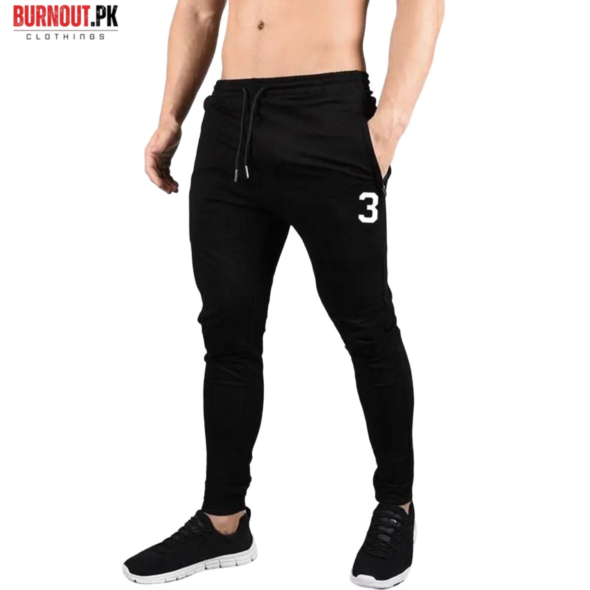 BURNOUT.PK NEW TRENDY SUMMER COLLECTION 3 LOGO PRINTED BLACK TROUSER FOR MENS